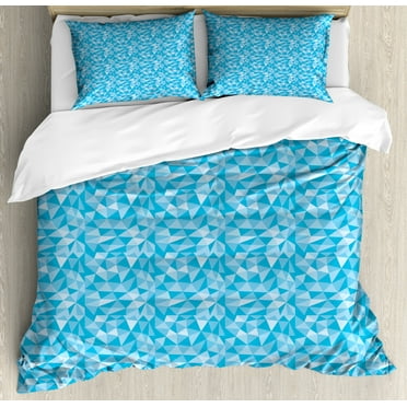 Polygons Duvet Cover Set, Repeating Geometric Mosaic Design Pattern with Monochrome Triangles, Decorative 3 Piece Bedding Set with 2 Pillow Shams, King Size, Sky Blue and Pale Blue, by Ambesonne