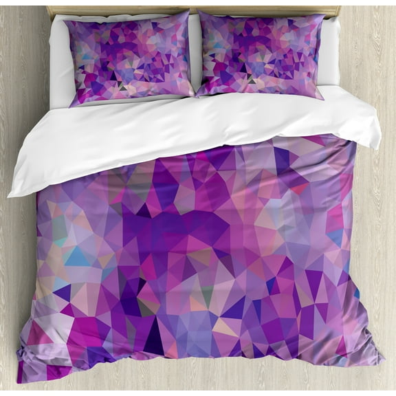 Polygons Duvet Cover Set, Violet Toned Triangles Low Poly Scene Repetition Creative Art, Decorative 3 Piece Bedding Set with 2 Pillow Shams, King Size, Blue Violet Multicolor, by Ambesonne