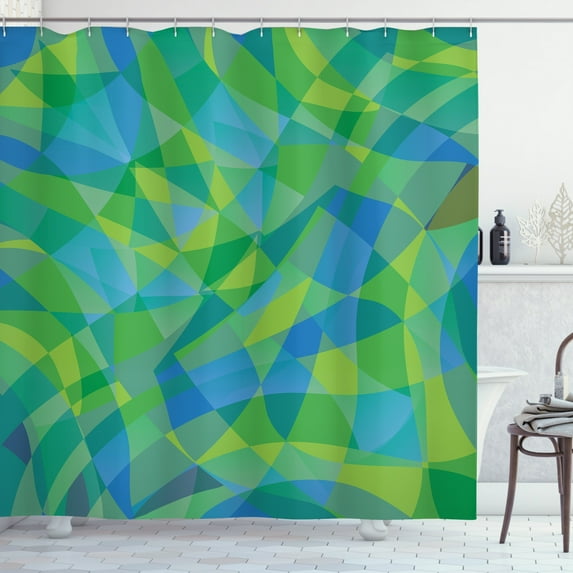 Polygons Shower Curtain, Mosaic Look Geometric Wavy Design Pattern in Nature Colors Modern Art, Fabric Bathroom Set with Hooks, 69W X 75L Inches Long, Green and Sea Blue, by Ambesonne