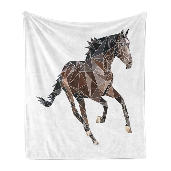 Polygons Soft Flannel Fleece Throw Blanket, Abstract Geometric Triangular Design Running Horse in Brown Tones, Cozy Plush for Indoor and Outdoor Use, 70" x 90", Warm Taupe Dark Brown, by Ambesonne