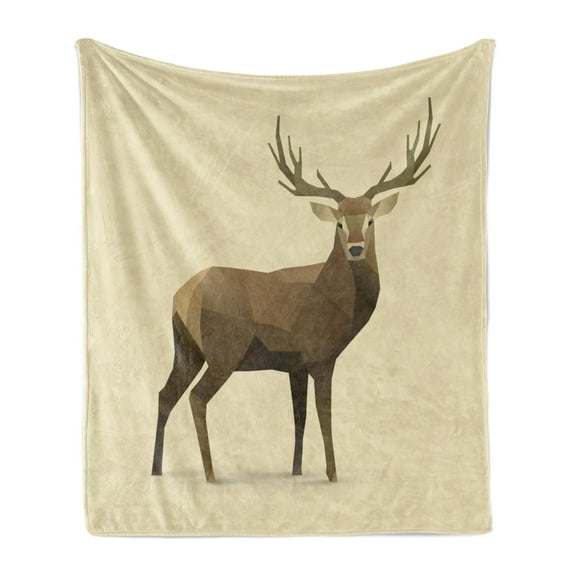 Polygons Soft Flannel Fleece Throw Blanket, Modern Illustration of Geometric Deer Forest Elk Wildlife Animal, Cozy Plush for Indoor and Outdoor Use, 70" x 90", Beige Umber, by Ambesonne