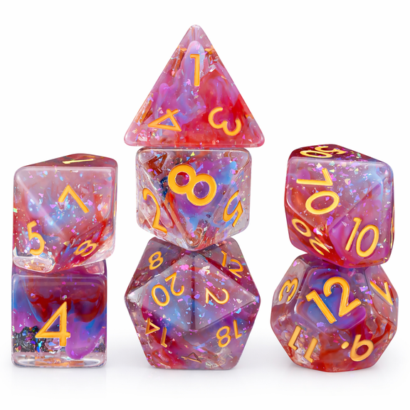 Polyhedral DND Dice Set, Pink Orange Resin RPG Dice with Gold Numbers, Dice for Dungeons and Dragons Games