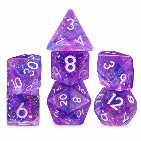 Polyhedral DND Dice Set, Purple Glitter Resin RPG Dice with White Numbers, 7-Piece