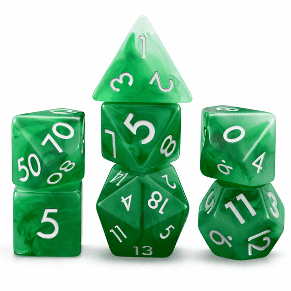 Polyhedral DND Dice Set Solid Green Resin with White Numbers for Role Playing Games 7-Piece