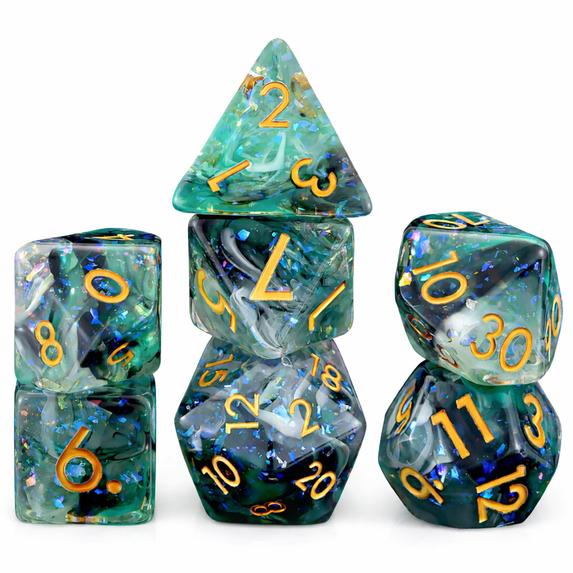 DND Polyhedral Dice Set Teal Blue Resin with Gold Numbers for RPG 7 Piece