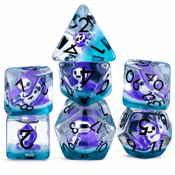 7PCS DND Dice Set with Purple Ghost Insert, Transparent Blue Resin Polyhedral RPG Dice with Black Numbers for Dungeons and Dragons