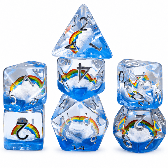 7PCS DND Dice Set with Rainbow Cloud Insert, Transparent Blue Resin Polyhedral RPG Dice with Silver Numbers for Dungeons and Dragons