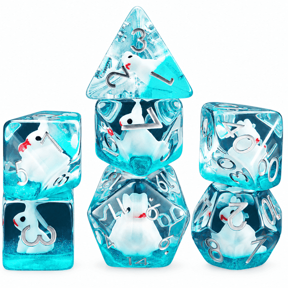 7PCS DND Dice Set with Cute White Rabbit Insert, Transparent Blue Resin Polyhedral RPG Dice with Silver Numbers for Dungeons and Dragons