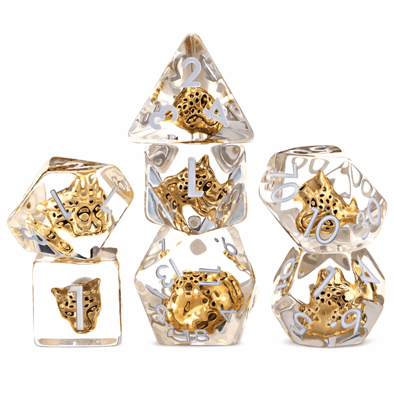 Polyhedral Dice Set Golden Leopard Head Insert Clear Resin for Dungeons & Dragons 7-Piece