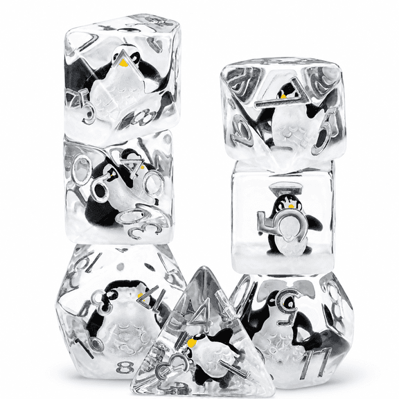 7PCS DND Dice Set with Cute Penguin Insert, Clear Transparent Resin Polyhedral RPG Dice for Dungeons and Dragons Tabletop Games