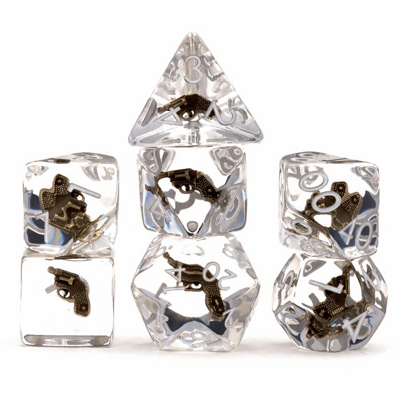 Polyhedral DND Dice Set, Transparent Clear Resin RPG Dice with Pistol Insert and White Numbers, Dice for Dungeons and Dragons Games