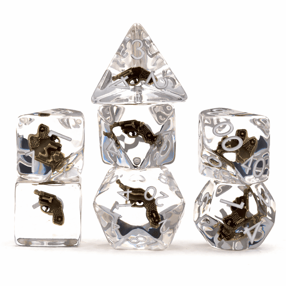 Polyhedral DND Dice Set Transparent Clear Resin with Pistol Insert White Numbers 7-Piece