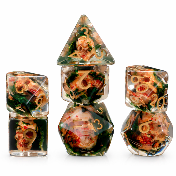 Polyhedral DND Dice Set Transparent Resin with Bloody Skull Insert and Gold Numbers for Dungeons and Dragons Tabletop Games 7-Piece