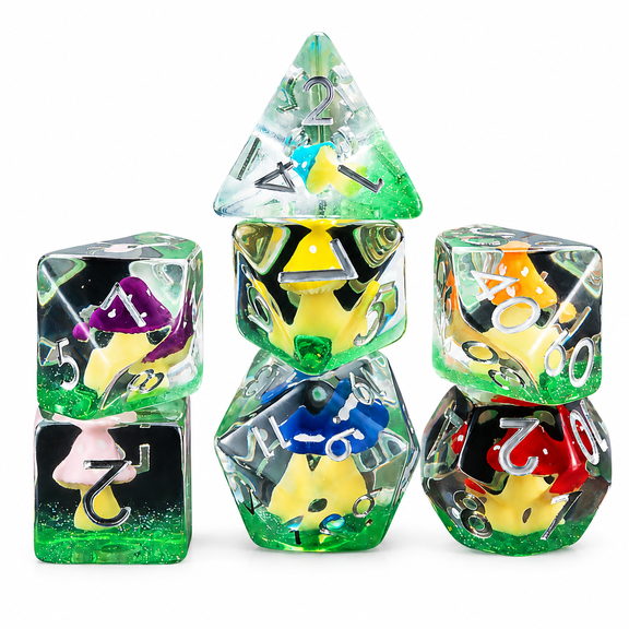 7PCS DND Dice Set with Colorful Mushroom Inserts, Transparent Resin Polyhedral RPG Dice with Silver Numbers for Dungeons and Dragons Tabletop Games