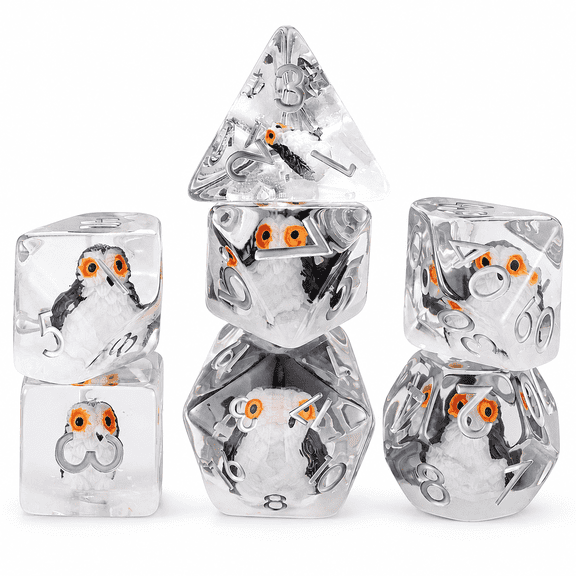 7PCS DND Dice Set with Owl Insert, Transparent Resin Polyhedral RPG Dice with Silver Numbers for Dungeons and Dragons