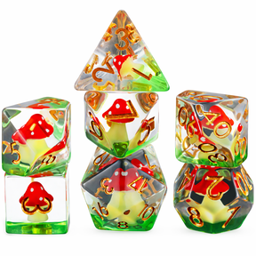 Polyhedral DND Dice Set, Transparent Resin RPG Dice with Red Mushroom Insert and Gold Numbers, Dice for Dungeons and Dragons Tabletop Games
