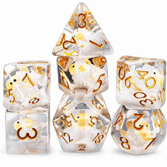 7PCS DND Dice Set with Cute White Sheep Insert, Transparent Resin Polyhedral RPG Dice with Gold Numbers for Dungeons and Dragons Tabletop Games