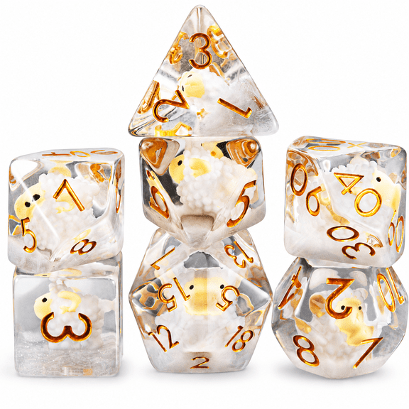 7PCS DND Dice Set with Cute White Sheep Insert, Transparent Resin Polyhedral RPG Dice with Gold Numbers for Dungeons and Dragons Tabletop Games