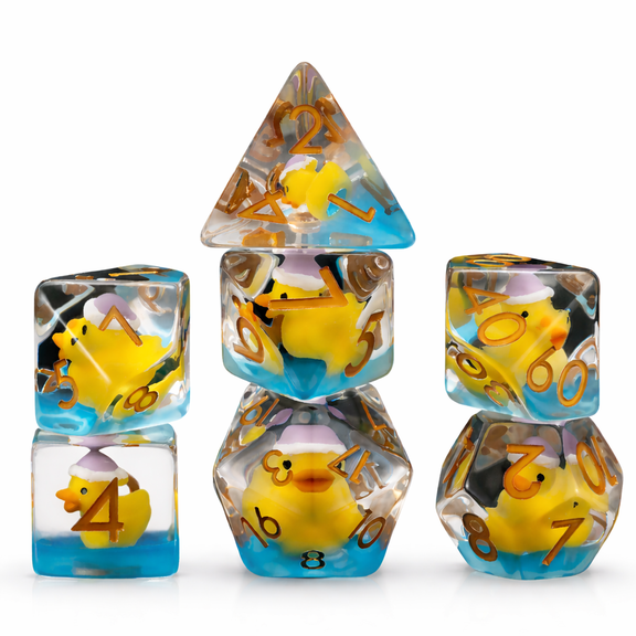 Polyhedral DND Dice Set, Transparent Resin RPG Dice with Yellow Duck Insert and Gold Numbers, Dice for Dungeons and Dragons Games