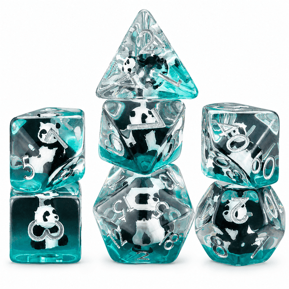 7PCS DND Dice Set with Cute Panda Insert, Transparent Teal Resin Polyhedral RPG Dice with Silver Numbers for Dungeons and Dragons