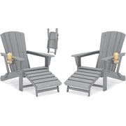 Polyhouz Folding HDPE Adirondack Rocking Chair Set of 2 with Retractable Ottoman and Cup Holder, All Weather Outdoor Lounge Chairs for Patio, Pool, Fire Pit, Grey