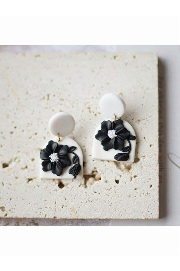 Polymer Clay Arch Floral Dangle Earrings Small Arch White With Black 3D Flowers Gold-Tone Posts