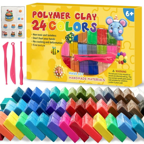 Polymer Clay Kit, 24 Color Blocks, 3 tools, 1 Guide, Craft Supplies & Materials, Clay for Sculpting, 6+ Age Range, 8X6X2 in Box, 1 Set