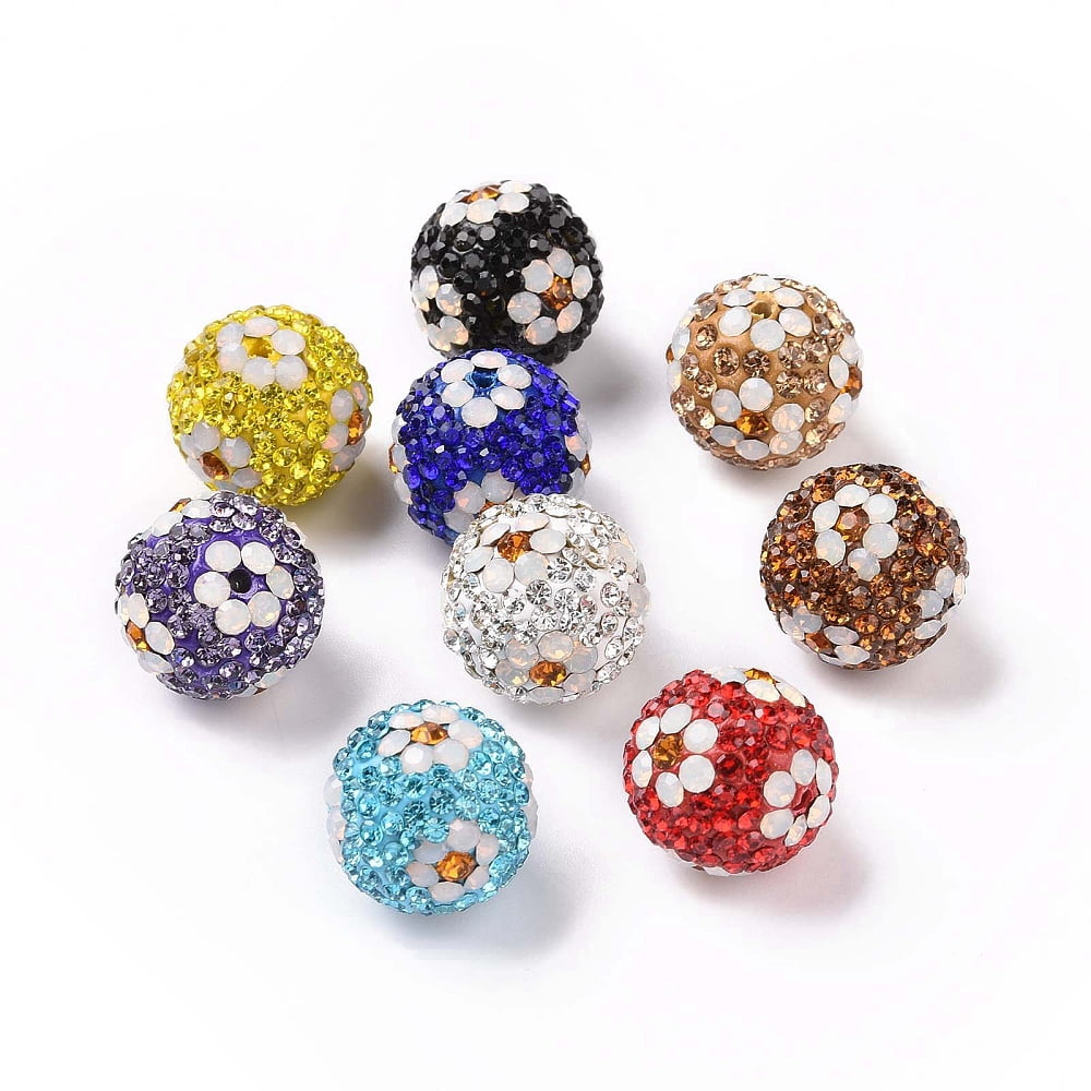 Polymer Clay Rhinestone Beads Pave Disco Ball Beads Round with Flower Mixed Color 16mm Hole: 1.6~1.8mm