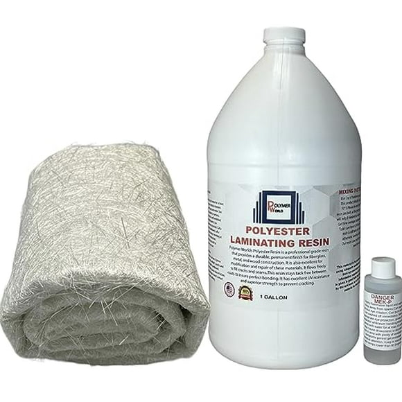 Polymer World- 1 Gal Polyester Resin with Rolled .75x50x5 Yard Chopped Strand Mat, Fiberglass Kit for Boats, Cars, Surfboard, RV, Canoes, Jetski, Watercraft, with MEKP