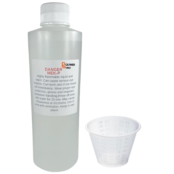 Polymer World MEKP 8oz - 236cc Clear Catalyst-Hardener for Polyester Resin, Gelcoat, Vinyl Ester, Ceramic Transom Pour, Includes 1oz Measuring Cup