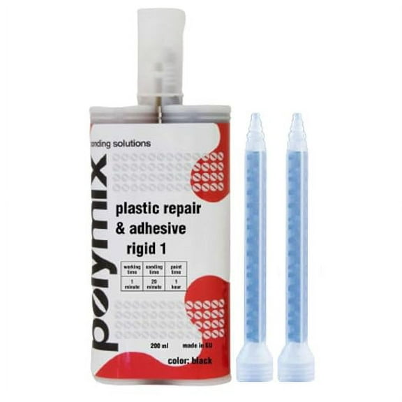 Polymix Rigid Automotive Multipurpose Plastic Repair and Adhesive 200ml Cartridge & Two Application Mixing Nozzles (Black)