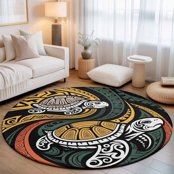 Polynesia Sea Turtle Round Area Rug 5ft,Living Room Rug Non-Slip Washable Circle Rugs Pad,Traditional Tribe Ocean Life Soft Floor Carpet for Bedroom Dining Room