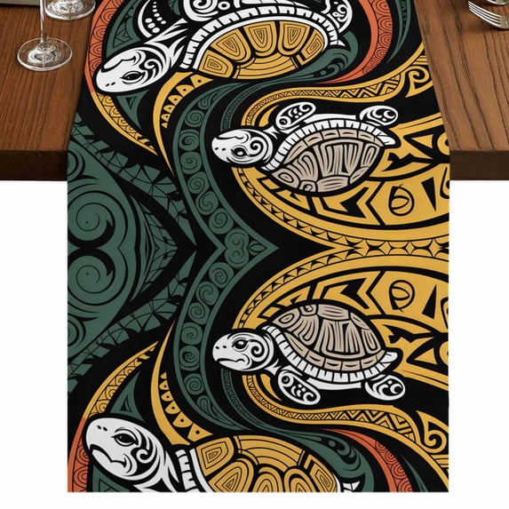 Polynesia Texture 48 Inch Table Runner, Traditional Tribe Coastal Turtle Abstract Farmhouse Dresser Scarf Cotton & Linen Tablerunner for Dining/Kitchen Island/Holiday Party Décor 13" x 48"