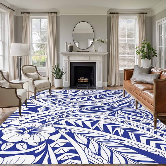 Polynesia Texture Area Rugs 5'x8', Small Throw Rugs for Classroom Bedroom, Retro Traditional Tribe Floral Abstract Blue Indoor Outdoor Rug Non-Slip Low Pile Carpet Runner Reversible Floor Mats
