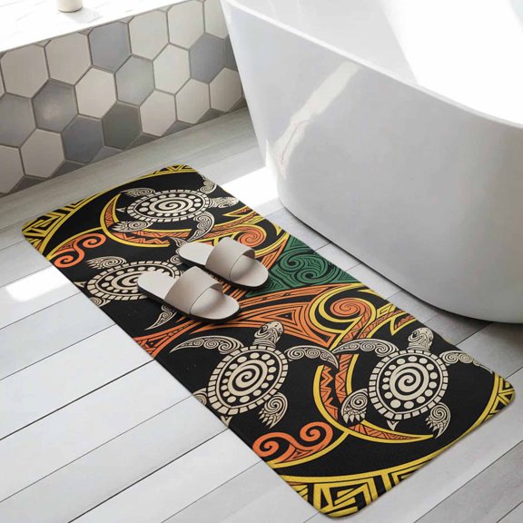 Polynesia Texture Bathroom Runner Rugs Non Slip Washable Absorbent Narrow Long Bath Mat Abstract Traditional Tribe Sea Turtle Runner Rugs for Kitchen Hallway Bedroom Laundry Study Room 15.7"x47.2"
