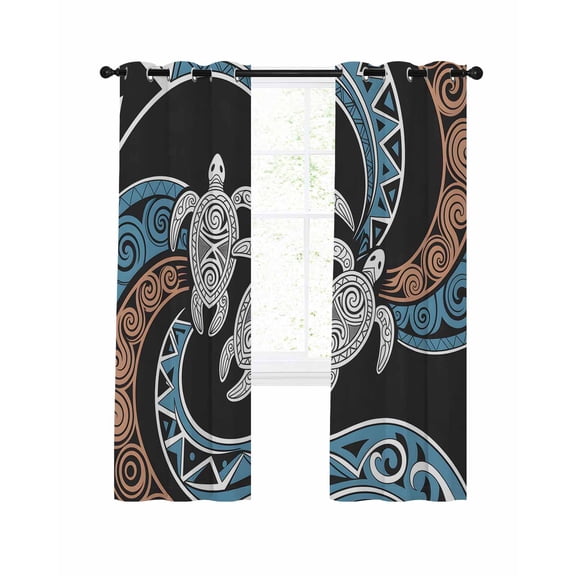 Polynesia Texture Blackout Curtains, Light Blocking Print Window Curtains, Retro Traditional Tribe Turtle Abstract Thermal Insulated Window Drapes for Living Room 2 Panels, 84"W x 84"L