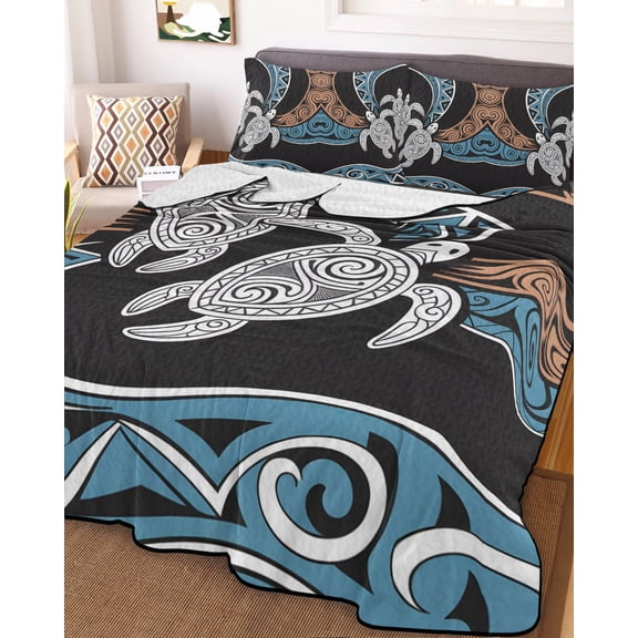 Polynesia Texture Full Size Down Alternative Comforter,Lightweight Comforter Quilt Bedding Set with Pillow Shams Retro Traditional Tribe Turtle Abstract All Seasons Bed Comforter Duvet Insert 78"x90"