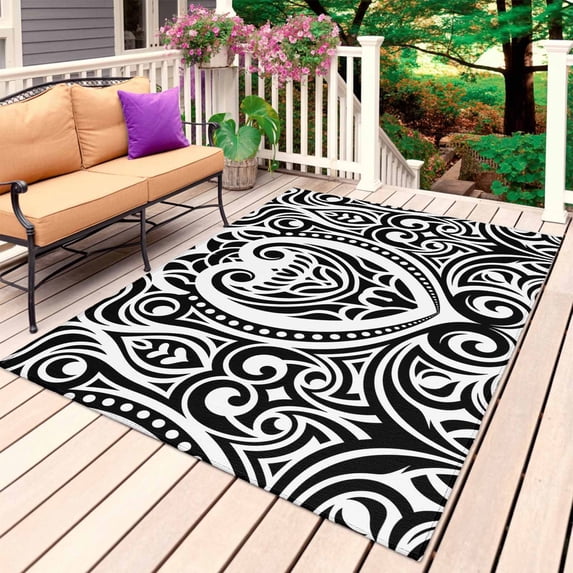 Polynesia Texture Outdoor Rug 3x5 Ft, Non Slip Washable Area Rug, Vintage Floral Tribe Abstract Art Black Patio Rugs Carpet Runner, Large Floor Mat for Indoor/Outdoor Deck Porch Camping