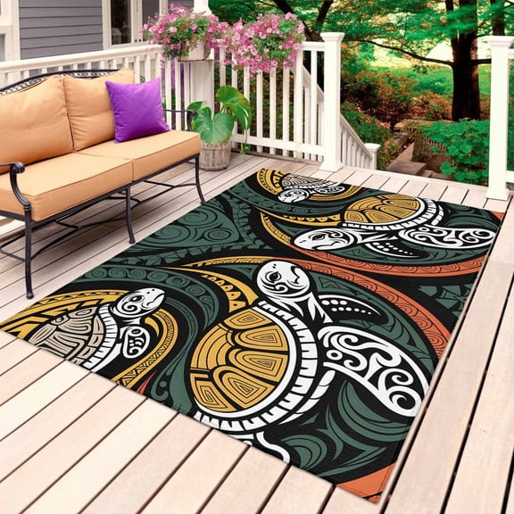 Polynesia Texture Outdoor Rug 4x6 Ft, Non Slip Washable Area Rug, Traditional Tribe Coastal Turtle Abstract Patio Rugs Carpet Runner, Large Floor Mat for Indoor/Outdoor Deck Porch Camping