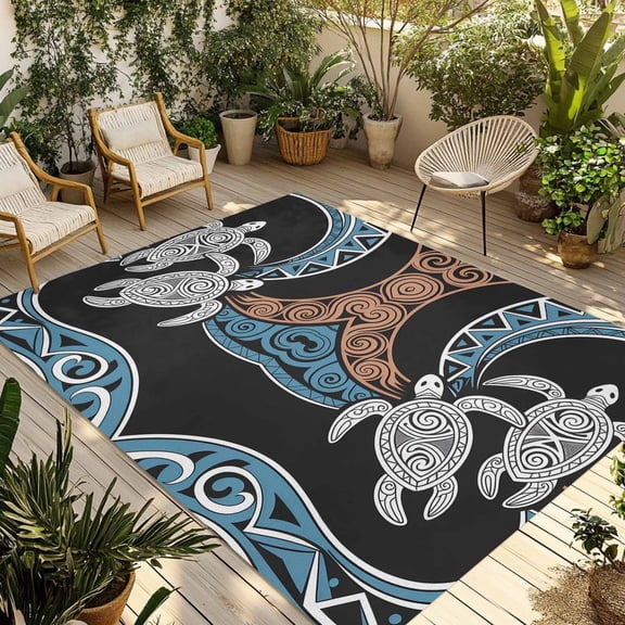 Polynesia Texture Outdoor Rug for Patio/Deck/Porch, Non-Slip Large Area Rug 3 x 5 Ft, Retro Traditional Tribe Turtle Abstract Indoor Outdoor Rugs Washable Area Rugs, Camping Rug Carpet Runner