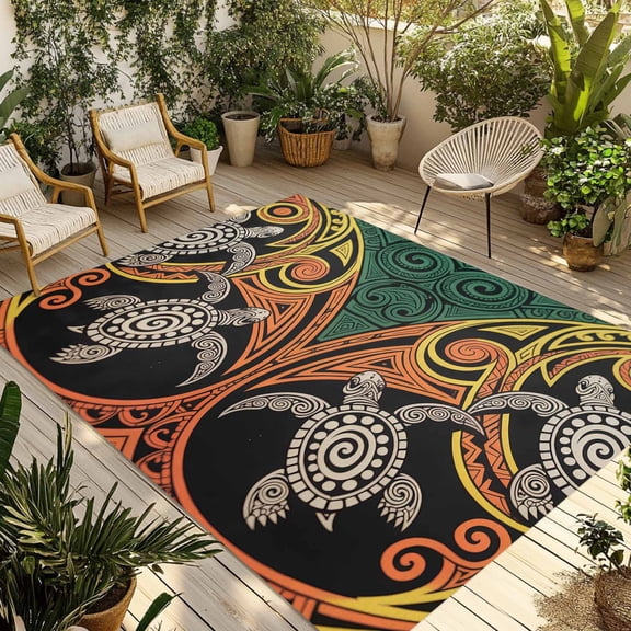 Polynesia Texture Outdoor Rug for Patio/Deck/Porch, Non-Slip Large Area Rug 4 x 6 Ft, Abstract Traditional Tribe Sea Turtle Indoor Outdoor Rugs Washable Area Rugs, Camping Rug Carpet Runner