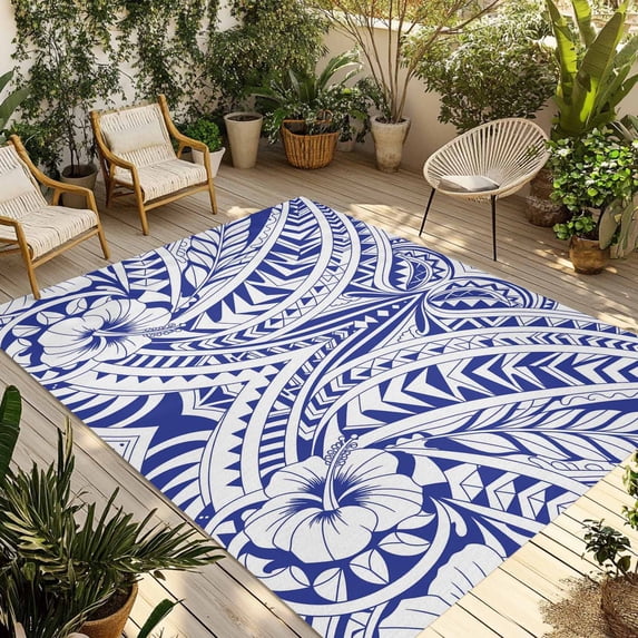 Polynesia Texture Outdoor Rug for Patio/Deck/Porch, Non-Slip Large Area Rug 5 x 7 Ft, Retro Traditional Tribe Floral Abstract Blue Indoor Outdoor Rugs Washable Area Rugs, Camping Rug Carpet Runner