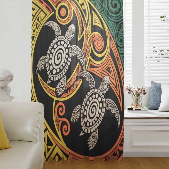 Polynesia Texture Semi Sheer Curtains Drapes for Living Room,Bedroom,French Doors Window 54 Inches Long,Abstract Traditional Tribe Sea Turtle Rod Pocket Chiffon Curtain Drapery Voile Draperies Panel