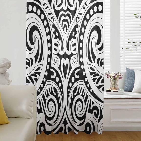 Polynesia Texture Semi Sheer Curtains Drapes for Living Room,Bedroom,French Doors Window 54 Inches Long,Retro Floral Tribe Abstract Art Black Rod Pocket Chiffon Curtain Drapery Voile Draperies Panel