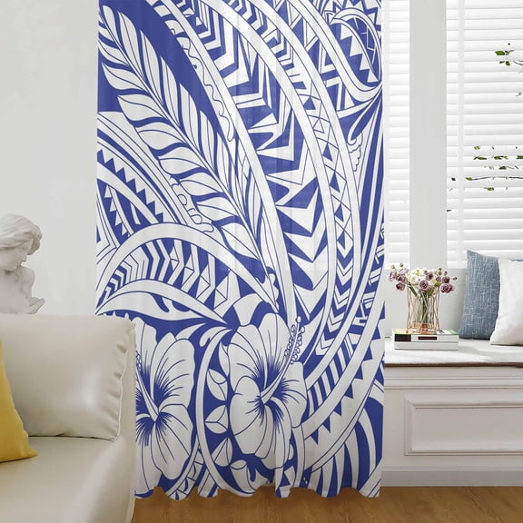 Polynesia Texture Semi Sheer Curtains Drapes for Living Room,Bedroom,French Doors Window 54 Inches Long,Retro Traditional Tribe Floral Abstract Blue Rod Pocket Chiffon Curtain Voile Drapery Panel