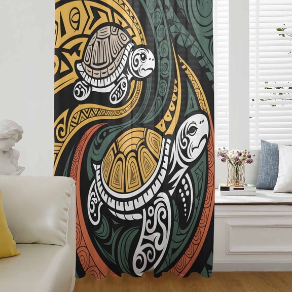 Polynesia Texture Semi Sheer Curtains Drapes for Living Room,Bedroom,French Doors Window 54 Inches Long,Traditional Tribe Coastal Turtle Abstract Rod Pocket Chiffon Curtain Voile Drapery Panel