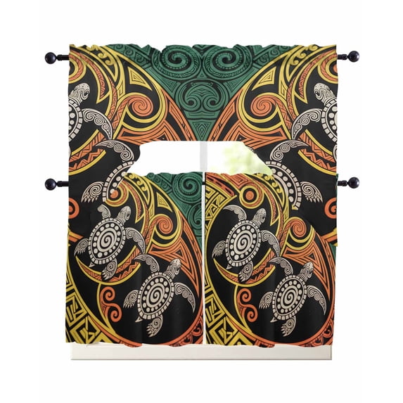 Polynesia Texture Swag Kitchen Curtains Sets for Windows 24 Inch Length, Abstract Traditional Tribe Sea Turtle Short Window Curtain Panels Swags Valances and Tiers 3 Piece Set for Cafe/Dining Room