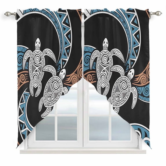 Polynesia Texture Swag Valances for Windows, Kitchen Curtains 36 Inch Length 2 Panels Set, Retro Traditional Tribe Turtle Abstract Short Curtains for Small Windows Rod Pocket Cafe Curtains 28"x36"