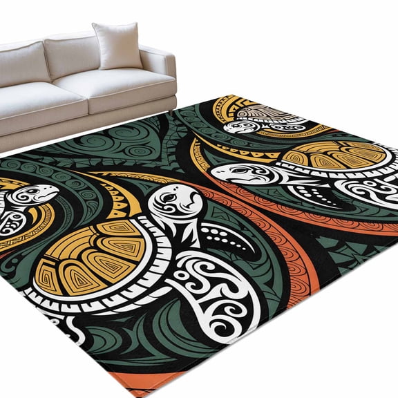 Polynesia Texture Washable Rug 9x12 Area Rug for Living Room Bedroom Non Slip Indoor Floor Rectangle Carpet Large Traditional Tribe Coastal Turtle Abstract Entryway Rugs for Dining Room Office