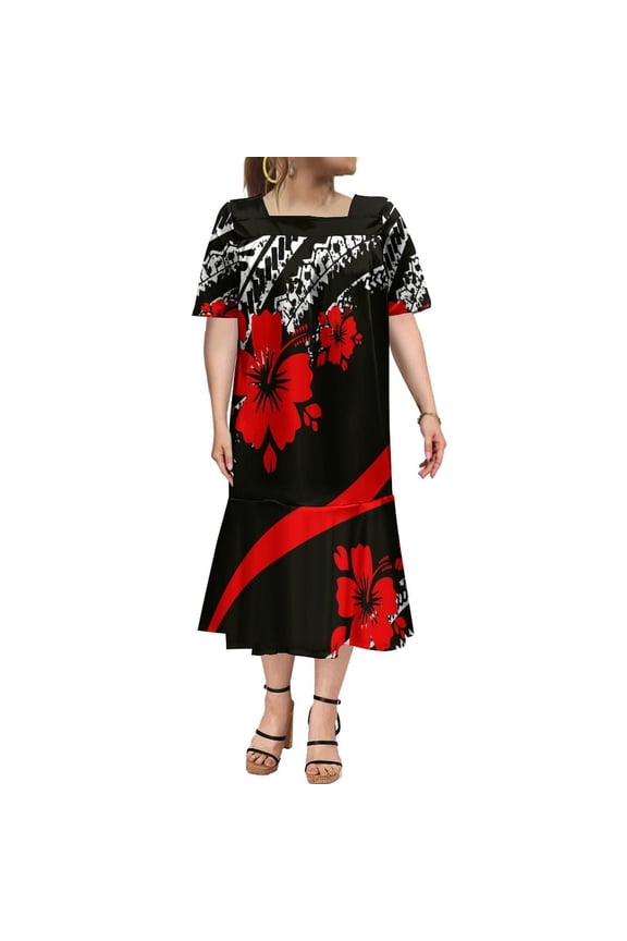 Polynesian Casual Dress Mumu Square Collar Maxi Dress Custom Hawaiian Art Tribe Dress Micronesian Dress